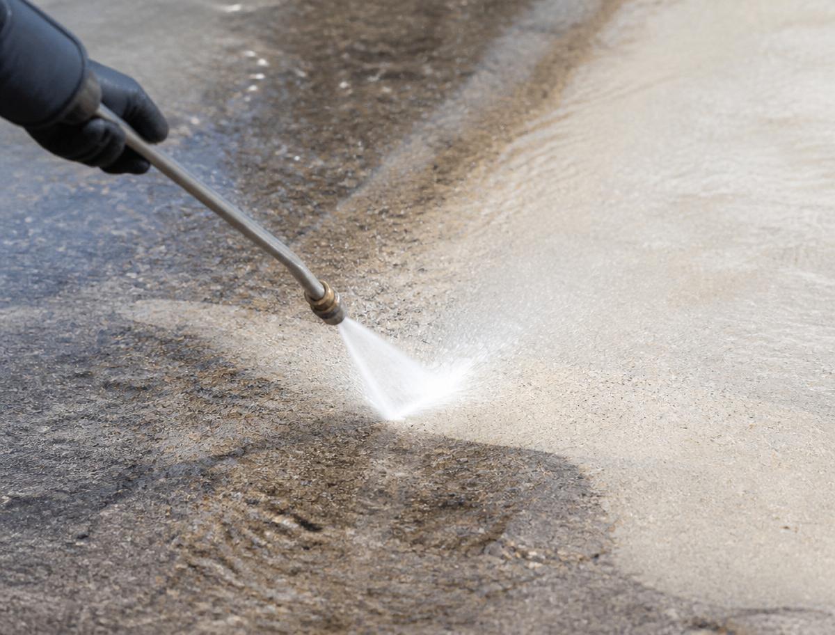 Pressure washing a concrete driveway, showing the clean line where grime is stripped away